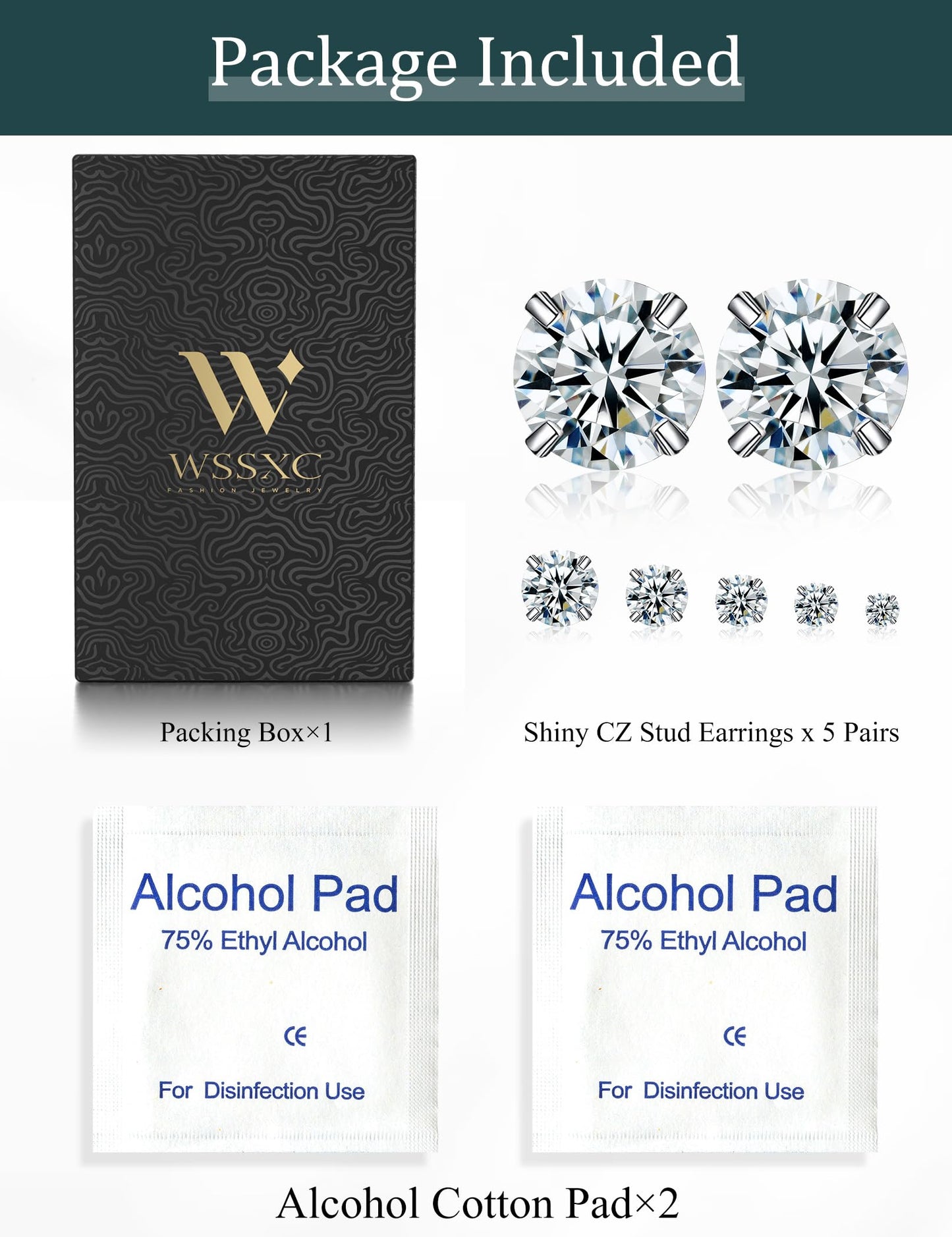 6 Pairs Stud Earrings Set, Hypoallergenic Cubic Zirconia 316L Earrings Stainless Steel CZ Earrings 3-8mm (Steel color)
