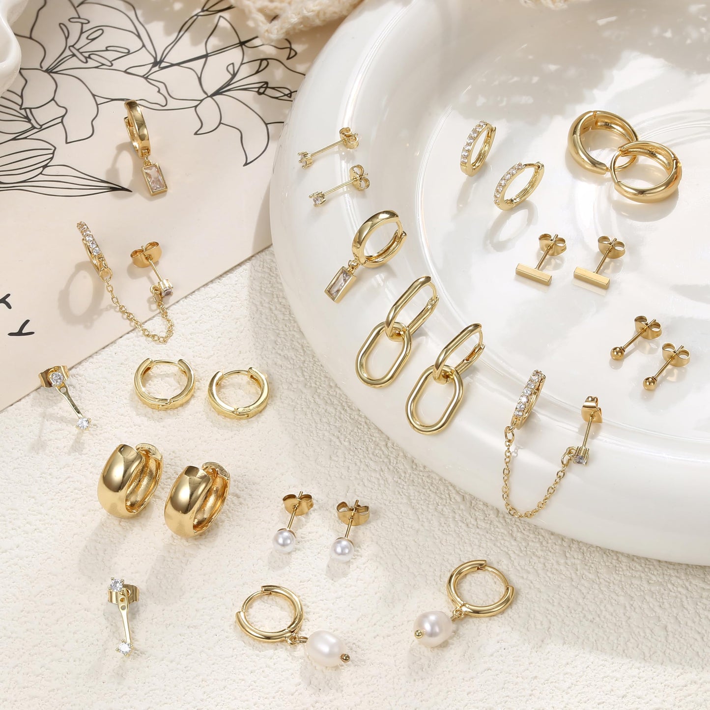 BESTEEL 13 Pairs Small Stud Hoop Earrings Set for Women Hypoallergenic Gold Plated Huggie Hoops Pearl Dainty Lightweight Earrings for Gift