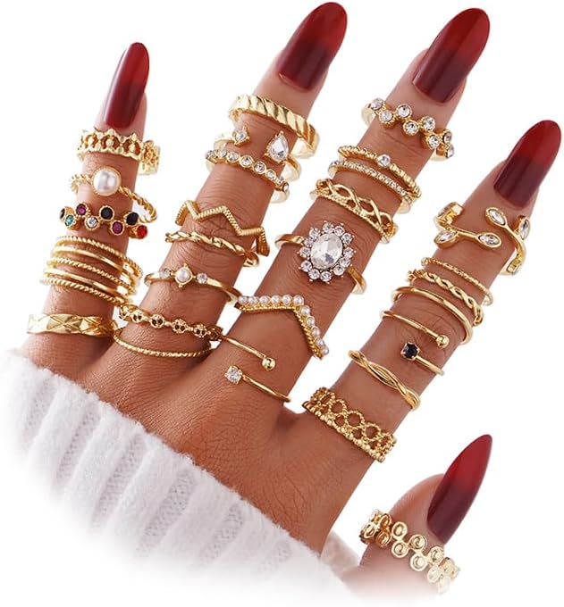 KISS WIFE Golden Silvery Black Kunckle Rings Set for Women, Dainty Simple Trendy Cute Stackable Finger Rings Pack, Perfect for Stacking Layering on Thumb and Knuckle, Mixed Size, Jewelry Gift