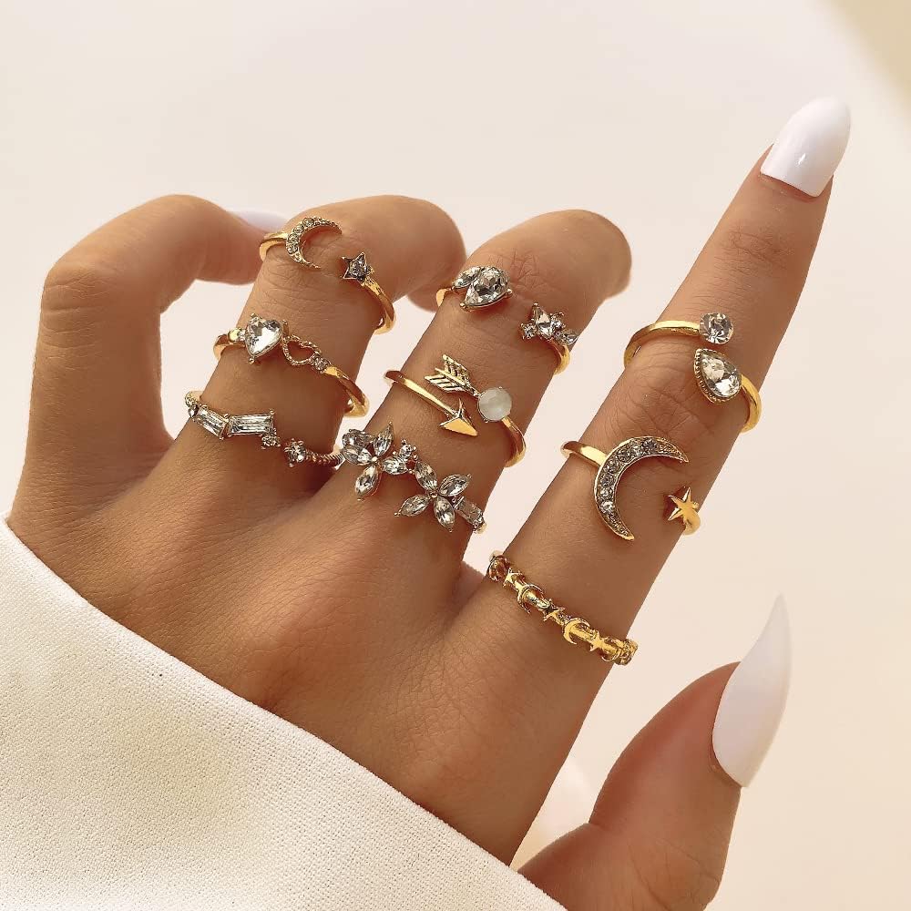 KISS WIFE Gold Stackable Moon Star Knuckle Rings Set for Women, Boho Dainty Lightweight Stacking Rings, Vintage Midi Rings Pack, Trendy Jewelry