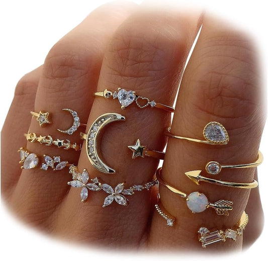 KISS WIFE Gold Stackable Moon Star Knuckle Rings Set for Women, Boho Dainty Lightweight Stacking Rings, Vintage Midi Rings Pack, Trendy Jewelry