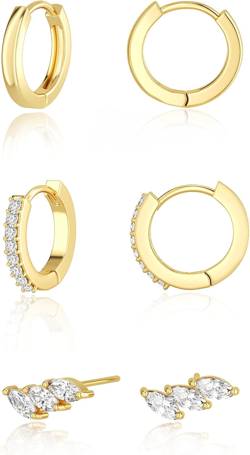 Freekiss 3 Pairs Gold Hoop Earrings Set: Dainty Stud Earrings Trendy Small 14K Gold Plated Hypoallergenic Dangle Cartilage Huggie Hoop Earrings for Women Gold Jewelry for Women Gifts