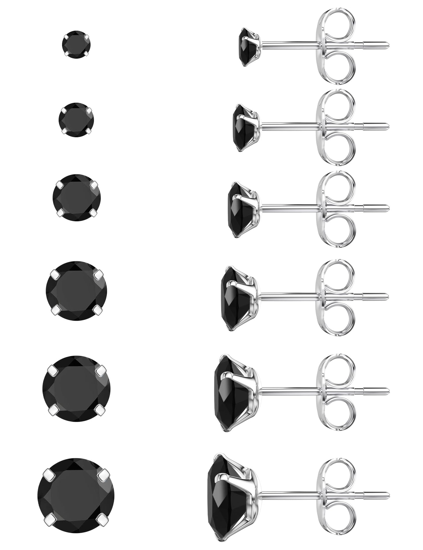 6 Pairs Stud Earrings Set, Hypoallergenic Cubic Zirconia 316L Earrings Stainless Steel CZ Earrings 3-8mm (Steel color)