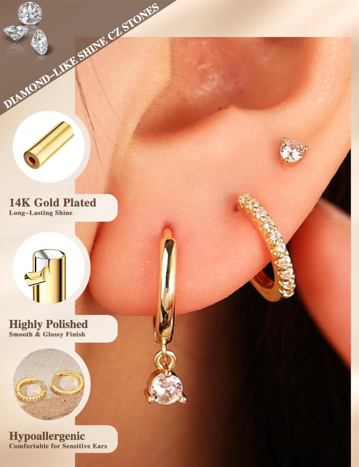 Freekiss 3 Pairs Gold Hoop Earrings Set: Dainty Stud Earrings Trendy Small 14K Gold Plated Hypoallergenic Dangle Cartilage Huggie Hoop Earrings for Women Gold Jewelry for Women Gifts