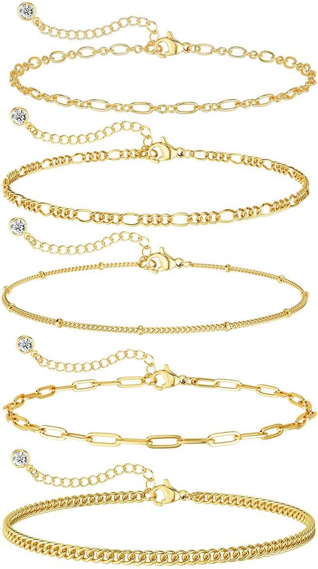 DEARMAY Gold Bracelets for Women Waterproof, 14K Gold Plated Stackable Jewelry Sets Non Tarnish Trendy Thin Dainty Cuban Link Paperclip Chain Bracelet Stack Fashion Accessories Gifts for Womens
