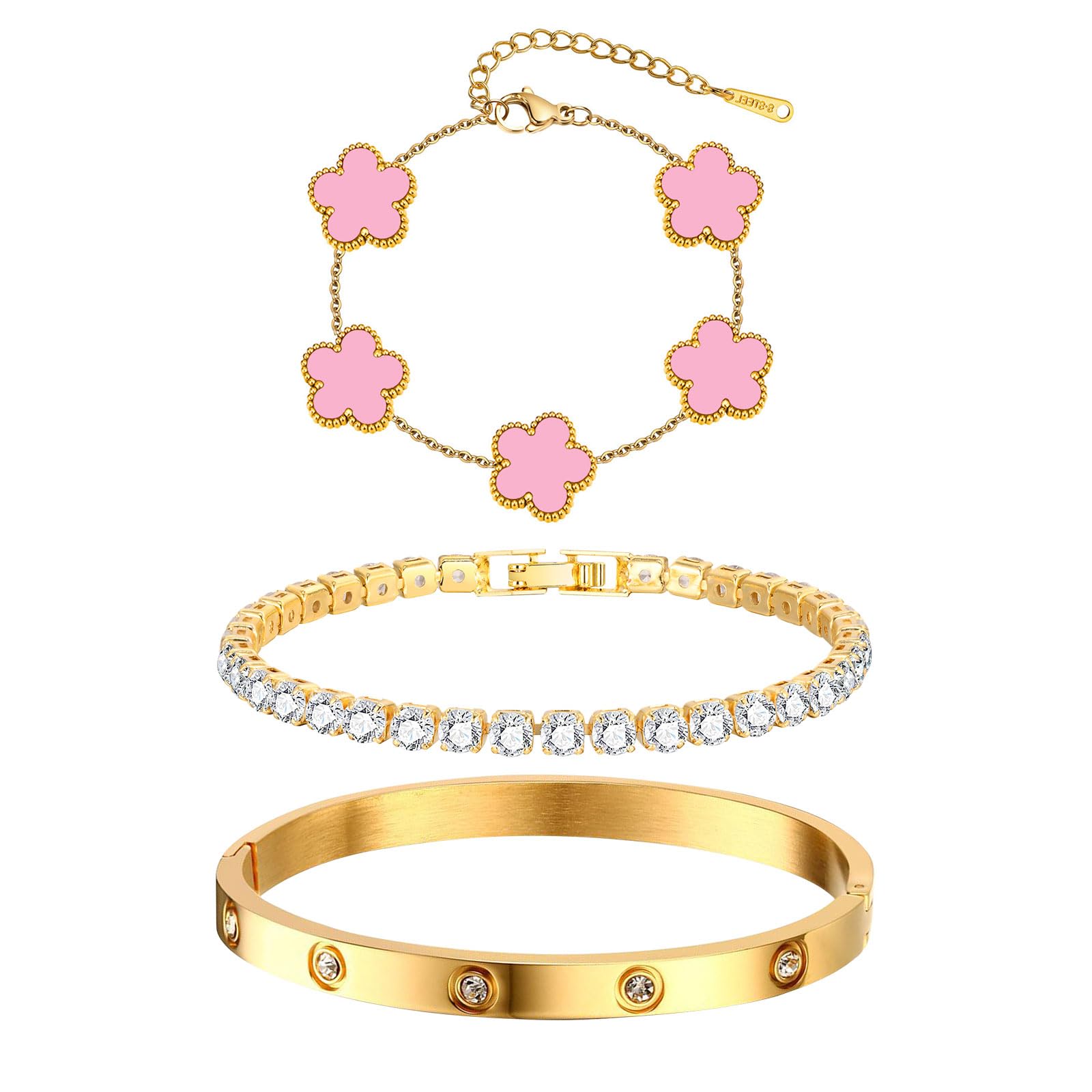 Womens Stackable Floral Gold Bracelets - 3Pcs 18K Gold Plated Bracelet,Stainless Steel Bangle Bracelets Non Tarnish, Gold Bracelet Set Trendy Jewelry,Christmas Valentines Birthday Gifts for Girlfriend