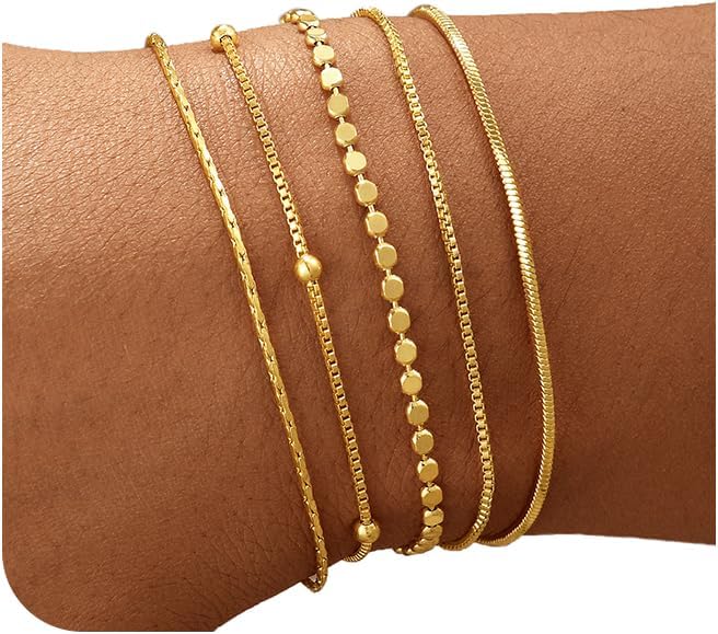 Gold Bracelets for Women, 14K Gold Plated Stackable Bracelet Stack Set Adjustable Charm Paperclip Chain Snake Link Layered Waterproof Jewelry Sets Gifts