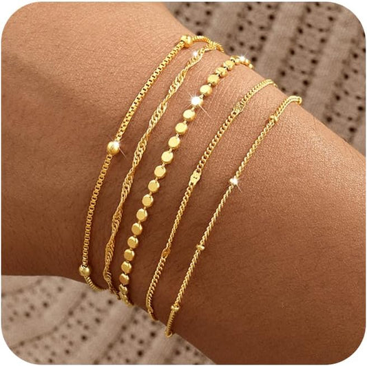 Gold Bracelets for Women, 14K Gold Plated Stackable Bracelet Stack Set Adjustable Charm Paperclip Chain Snake Link Layered Waterproof Jewelry Sets Gifts