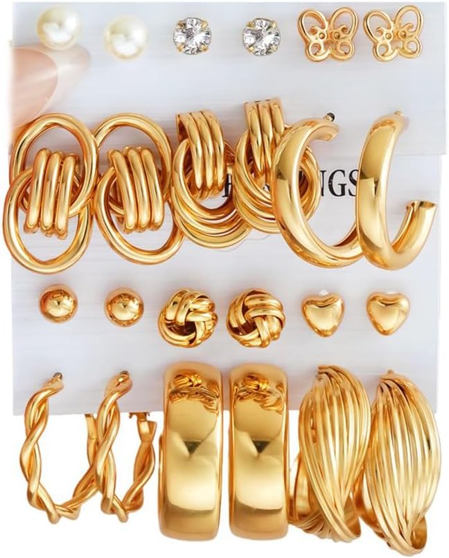 12 Pairs Chunky Gold Hoop Earrings for Women Trendy, Gold Plated Lightweight Hypoallergenic Stack, Thick Open Twisted Huggie Hoops Earring Set