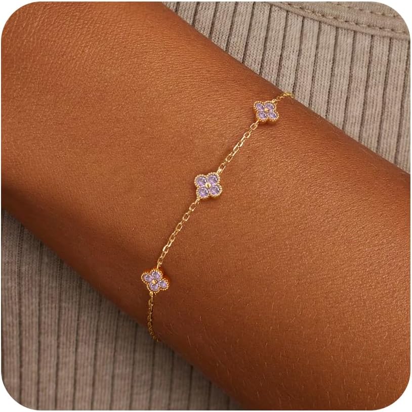Birthstone Gold Clover Bracelet Dainty 14K Gold Plated Cute Friendship Stackable Bracelets for Women No Tarnish Trendy Charm Best Friend Bracelet Stack for Birthday Jewelry