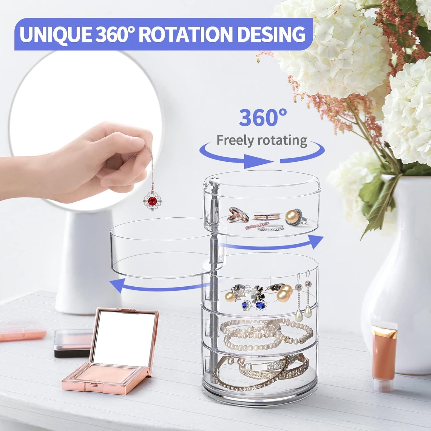 LETURE 5-Layers Rotatable Jewelry Storage Organizer Box for Earrings Hair Accessories & Beauty Supplies Earrings Necklaces Bracelets (5-Layers)