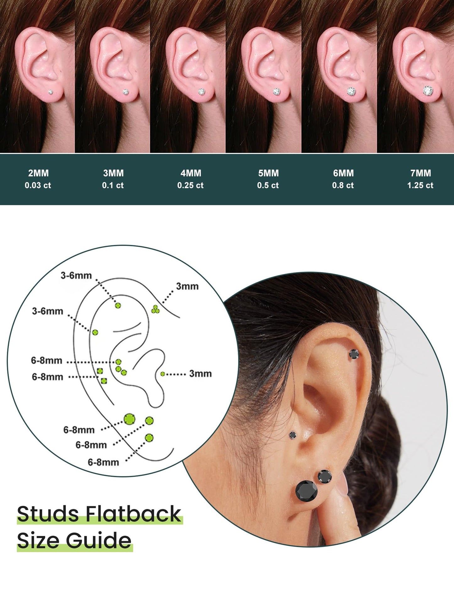 6 Pairs Stud Earrings Set, Hypoallergenic Cubic Zirconia 316L Earrings Stainless Steel CZ Earrings 3-8mm (Steel color)