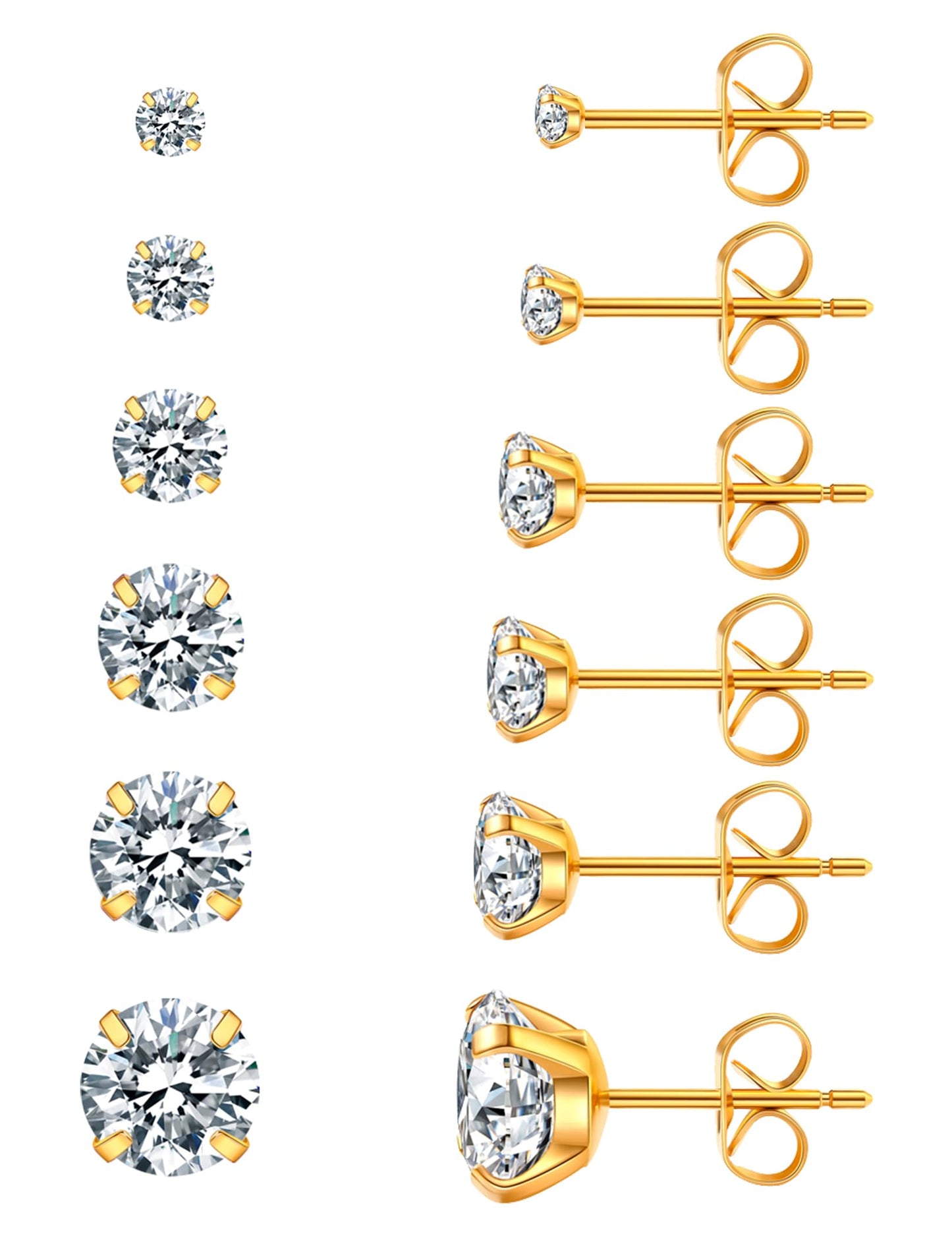 6 Pairs Stud Earrings Set, Hypoallergenic Cubic Zirconia 316L Earrings Stainless Steel CZ Earrings 3-8mm (Steel color)