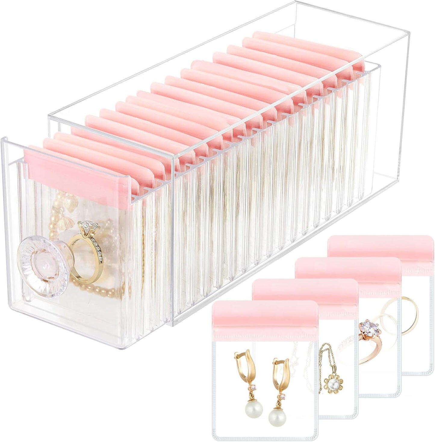 HOMEHIVE Acrylic Jewelry Box Organizer, Clear Jewelry Organizer and Storage with 20 Portable Anti Tarnish Jewelry bags, Travel Jewelry Case for Earrings/Rings/Necklaces Gifts for Women Girls, Clear