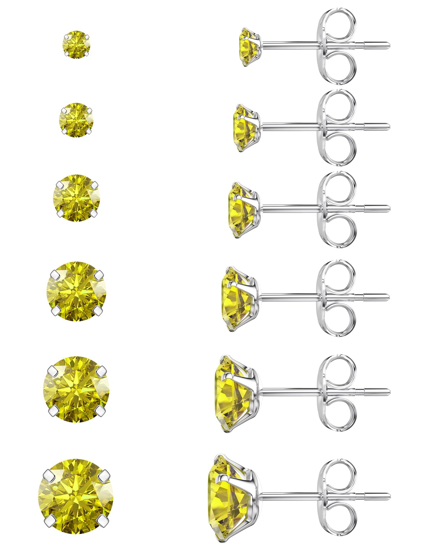 6 Pairs Stud Earrings Set, Hypoallergenic Cubic Zirconia 316L Earrings Stainless Steel CZ Earrings 3-8mm (Steel color)