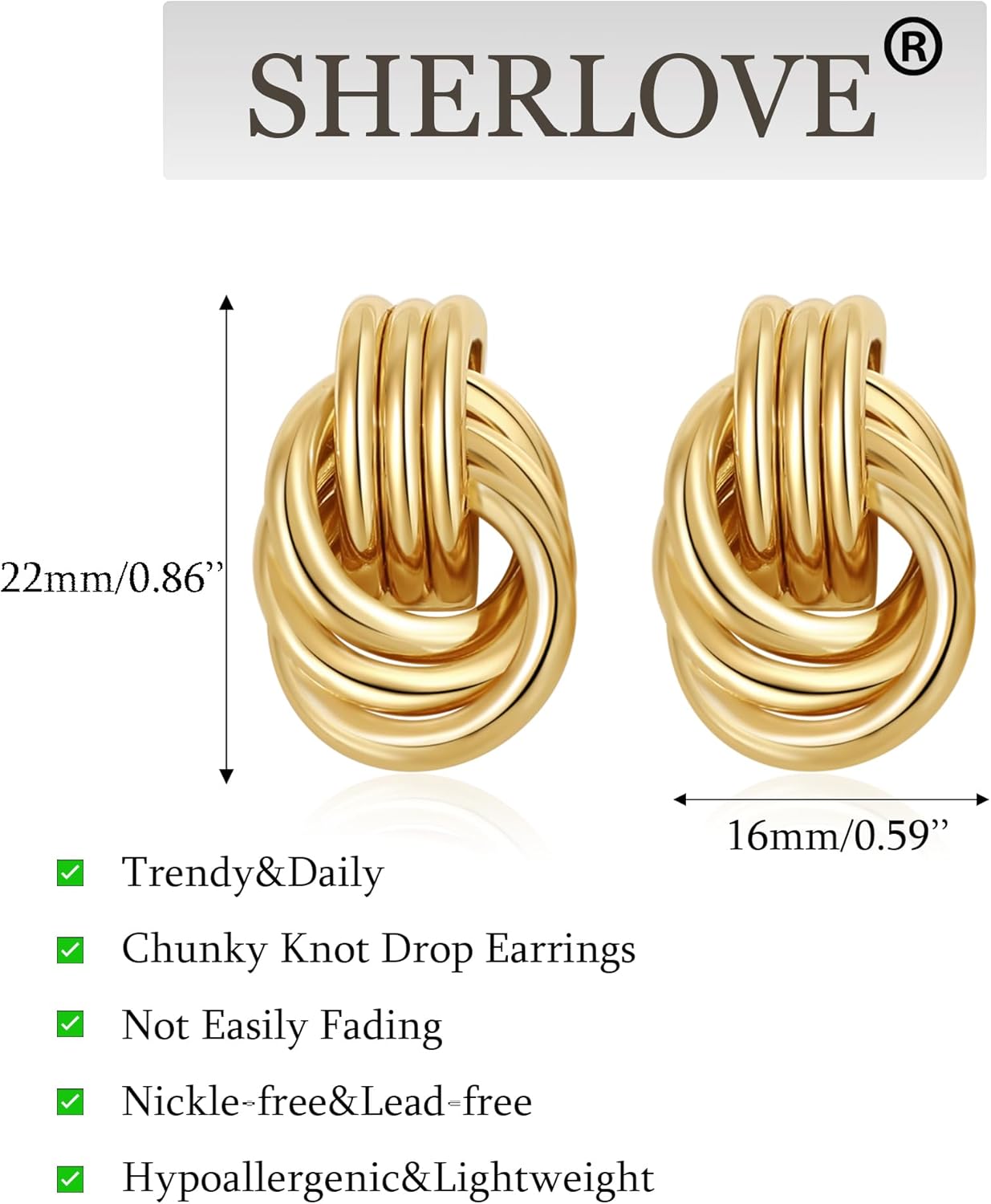 SHERLOVE Trendy Gold Plated Knot Earrings for Women Chunky Statement Drop Dangle Earrings Lightweight Hypoallergenic Fashion Accessories Gold Jewelry Gifts for Womens