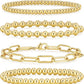 adoyi Gold Bracelets for Women Waterproof, 14K Gold Plated Beaded Strand Bead Ball Bracelets stack Adjustable Jewelry Set for Gifts
