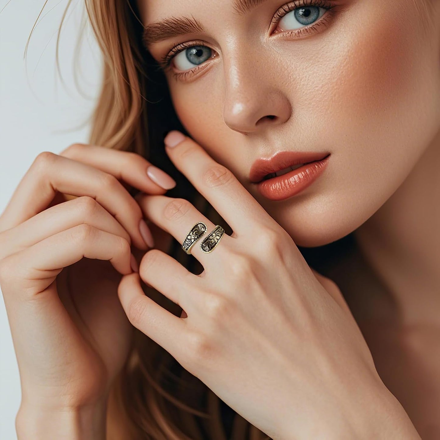 Vintage 14K Gold Plated and Silver Spoon Ring – Adjustable Ring with Carving Design for Women, Unique Boho Open Ring for Gift