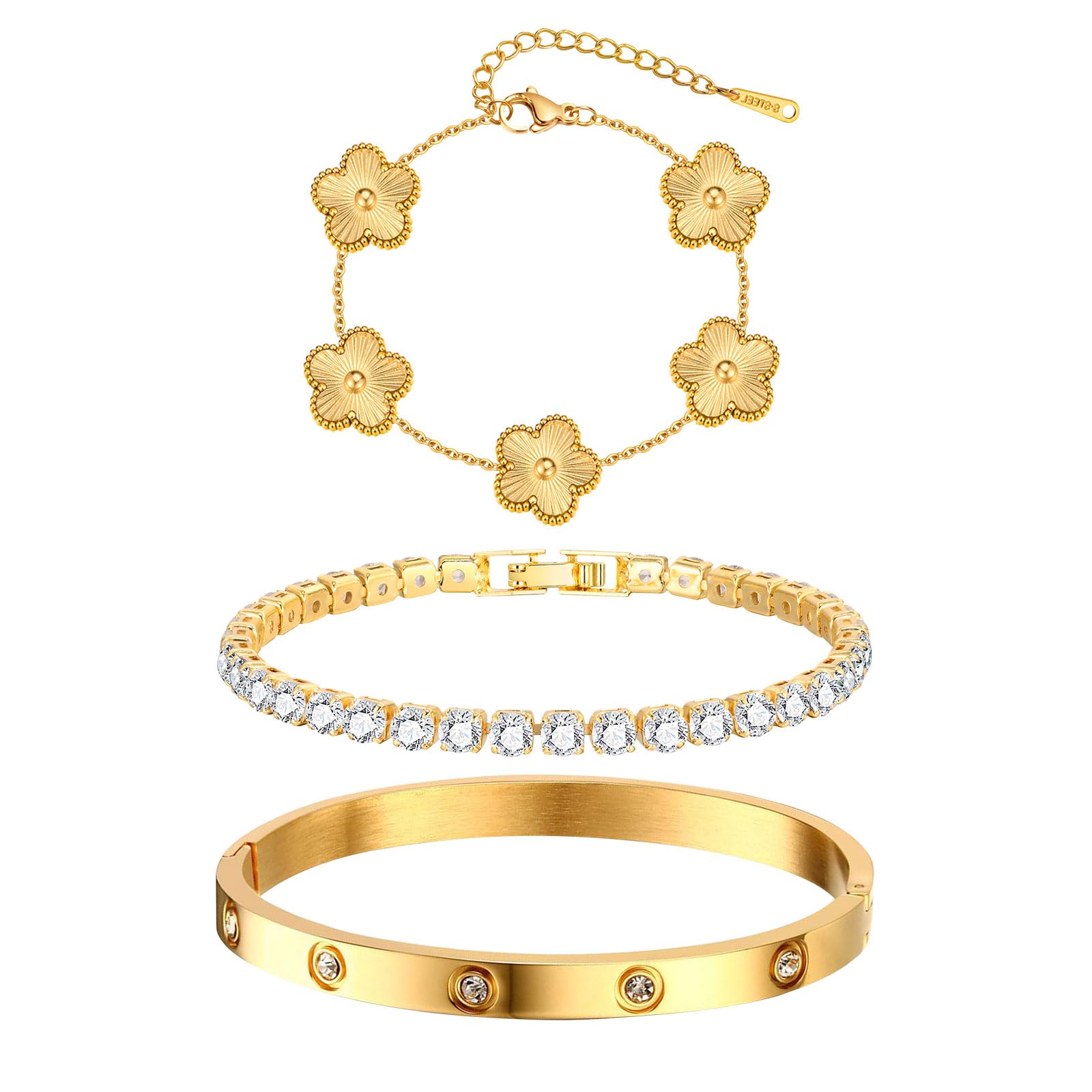 Womens Stackable Floral Gold Bracelets - 3Pcs 18K Gold Plated Bracelet,Stainless Steel Bangle Bracelets Non Tarnish, Gold Bracelet Set Trendy Jewelry,Christmas Valentines Birthday Gifts for Girlfriend