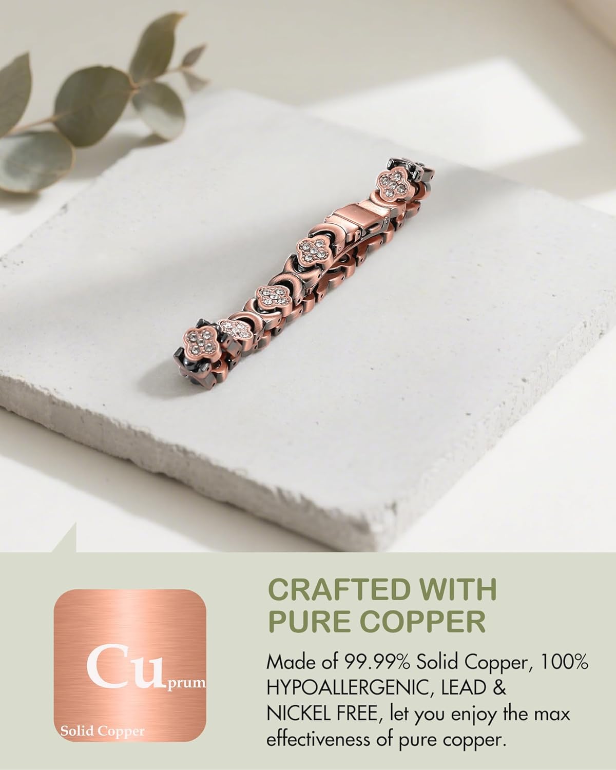 Feraco Pure Copper Bracelets for Women, Ultra Strength Magnetic Therapy Bracelet for Pain Relief with Neodymium Magnets & Sparkling Cubic Zirconia, Adjustable, Infinite Clover Jewelry