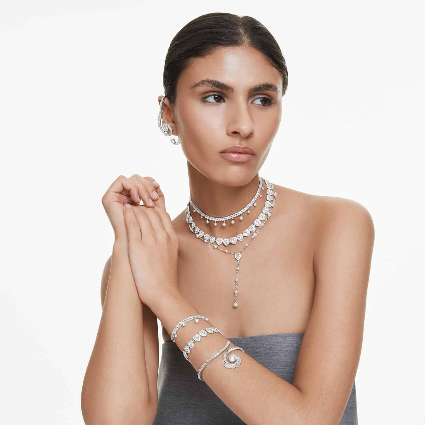 Swarovski Ariana Grande Collection, Clear Crystal & Pearls, Rhodium Finish, Necklaces, Earrings and Bracelets