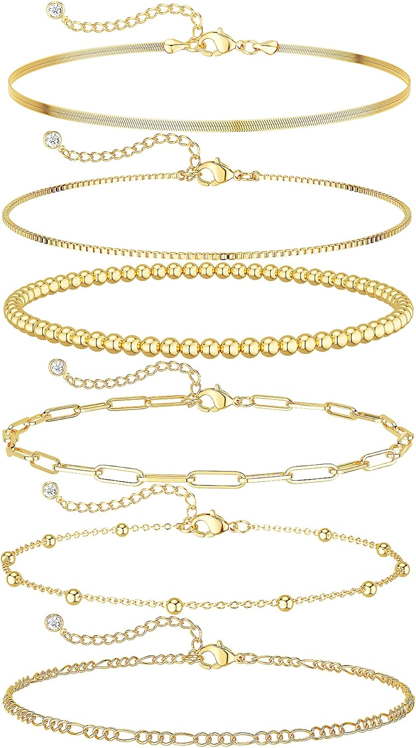 DEARMAY Gold Bracelets for Women Waterproof, 14K Gold Plated Stackable Jewelry Sets Non Tarnish Trendy Thin Dainty Cuban Link Paperclip Chain Bracelet Stack Fashion Accessories Gifts for Womens