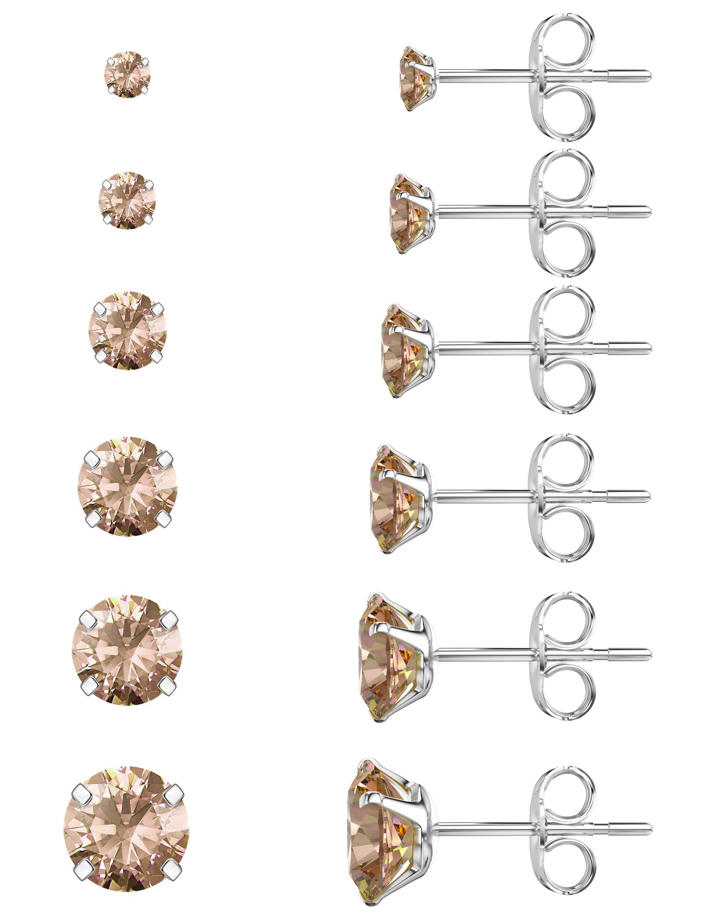 6 Pairs Stud Earrings Set, Hypoallergenic Cubic Zirconia 316L Earrings Stainless Steel CZ Earrings 3-8mm (Steel color)