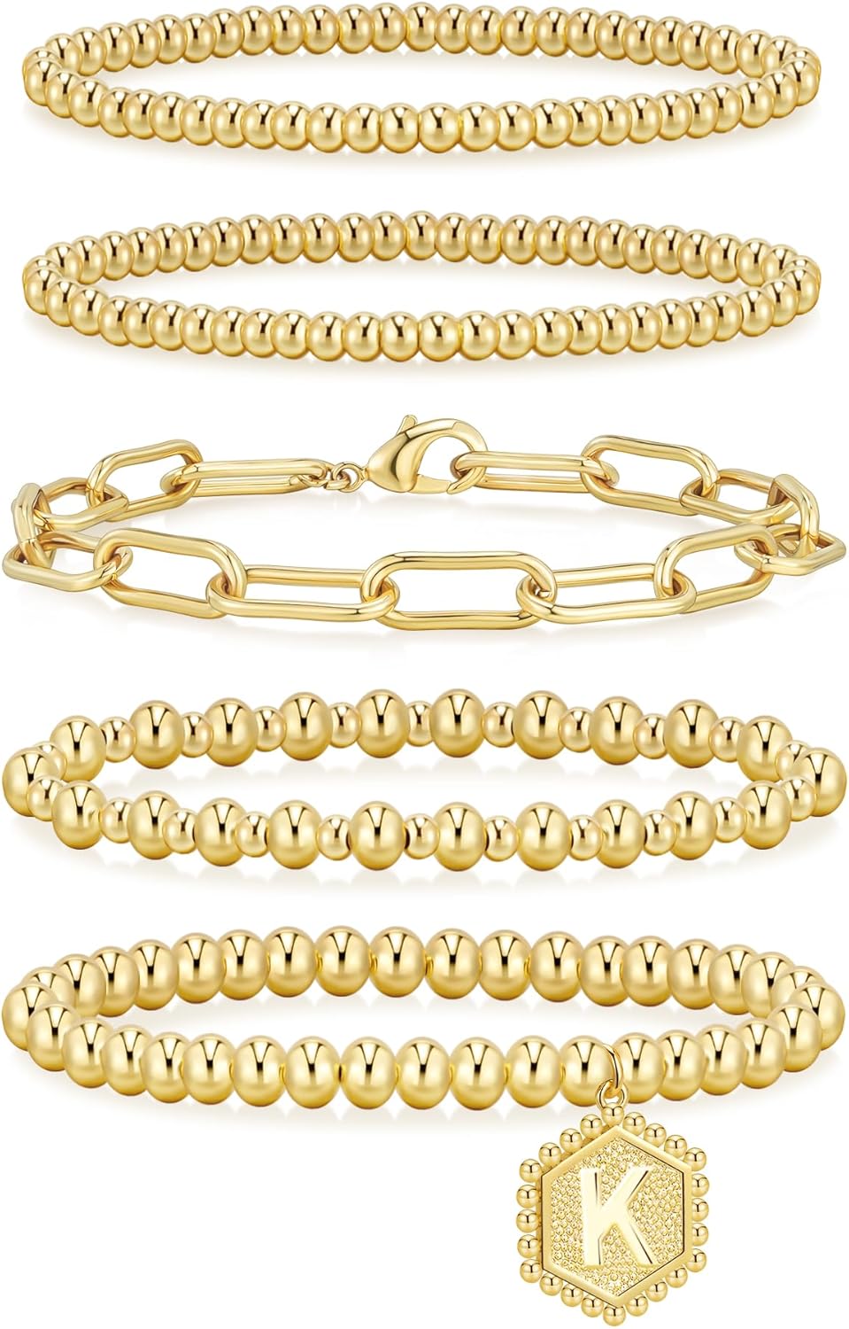 adoyi Gold Bracelets for Women Waterproof, 14K Gold Plated Beaded Strand Bead Ball Bracelets stack Adjustable Jewelry Set for Gifts