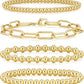 adoyi Gold Bracelets for Women Waterproof, 14K Gold Plated Beaded Strand Bead Ball Bracelets stack Adjustable Jewelry Set for Gifts