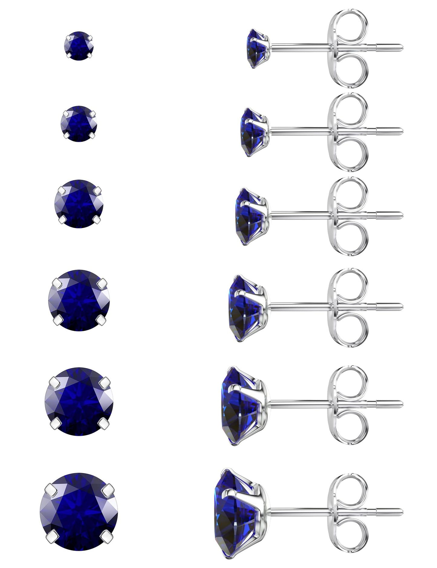 6 Pairs Stud Earrings Set, Hypoallergenic Cubic Zirconia 316L Earrings Stainless Steel CZ Earrings 3-8mm (Steel color)