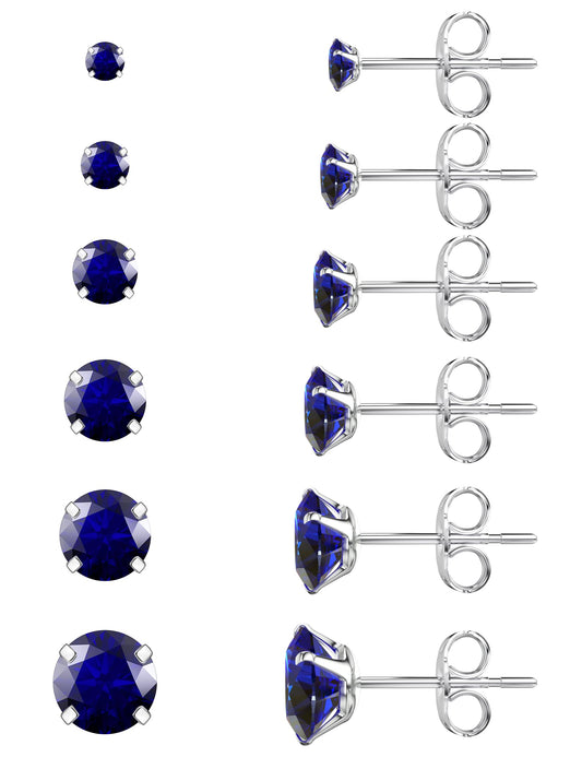 6 Pairs Stud Earrings Set, Hypoallergenic Cubic Zirconia 316L Earrings Stainless Steel CZ Earrings 3-8mm (Steel color)