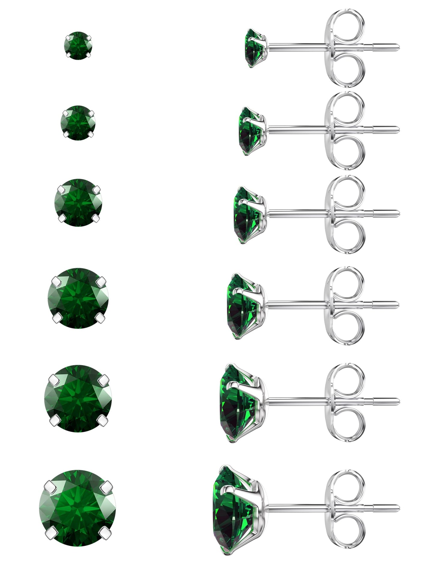 6 Pairs Stud Earrings Set, Hypoallergenic Cubic Zirconia 316L Earrings Stainless Steel CZ Earrings 3-8mm (Steel color)