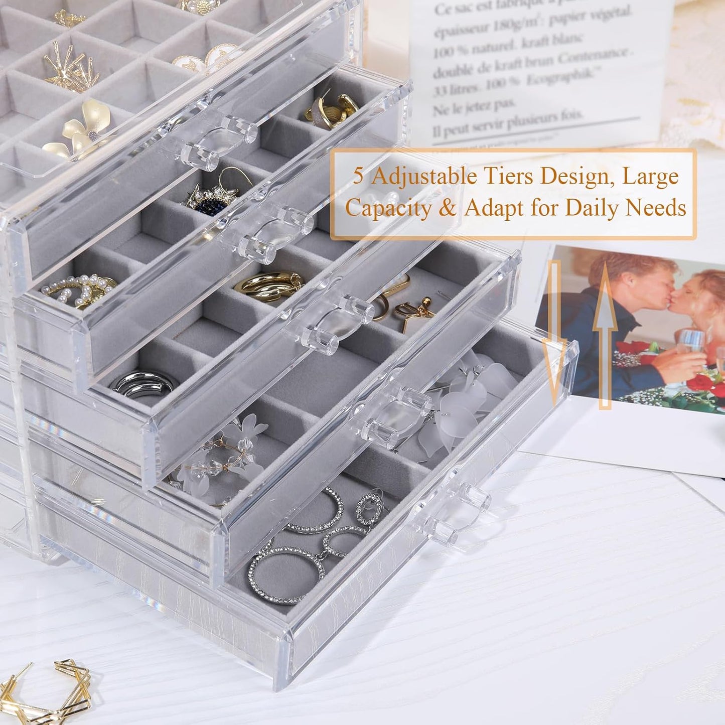 misaya Earring Jewelry Organizer with 5 Drawers, Birthday Present, Clear Acrylic Jewelry Box for Women, Velvet Earring Display Holder for Earrings Ring Bracelet Necklace, Gray