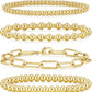 adoyi Gold Bracelets for Women Waterproof, 14K Gold Plated Beaded Strand Bead Ball Bracelets stack Adjustable Jewelry Set for Gifts