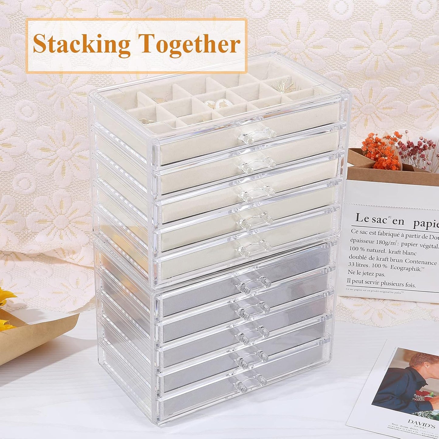 misaya Earring Jewelry Organizer with 5 Drawers, Birthday Present, Clear Acrylic Jewelry Box for Women, Velvet Earring Display Holder for Earrings Ring Bracelet Necklace, Gray