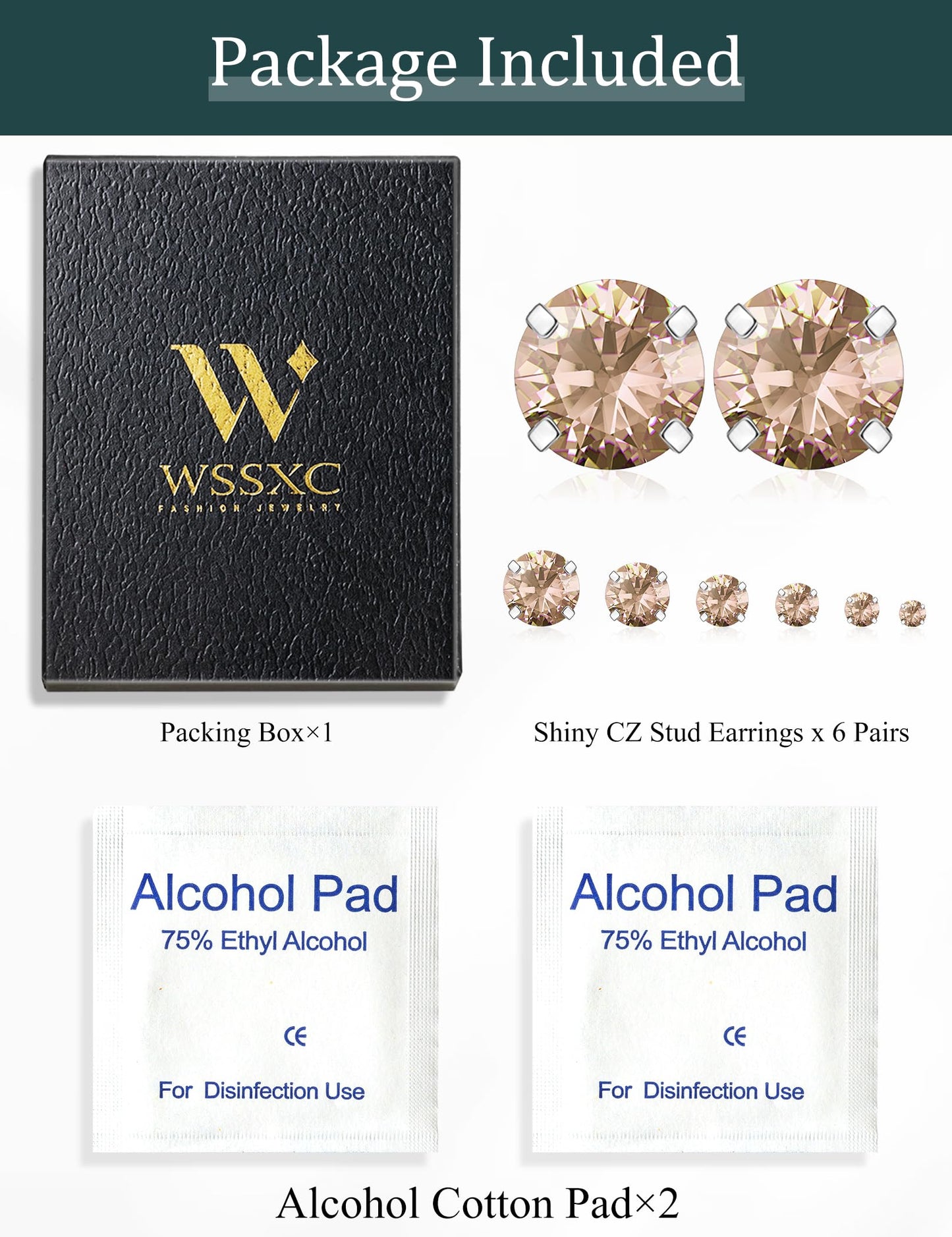 6 Pairs Stud Earrings Set, Hypoallergenic Cubic Zirconia 316L Earrings Stainless Steel CZ Earrings 3-8mm (Steel color)