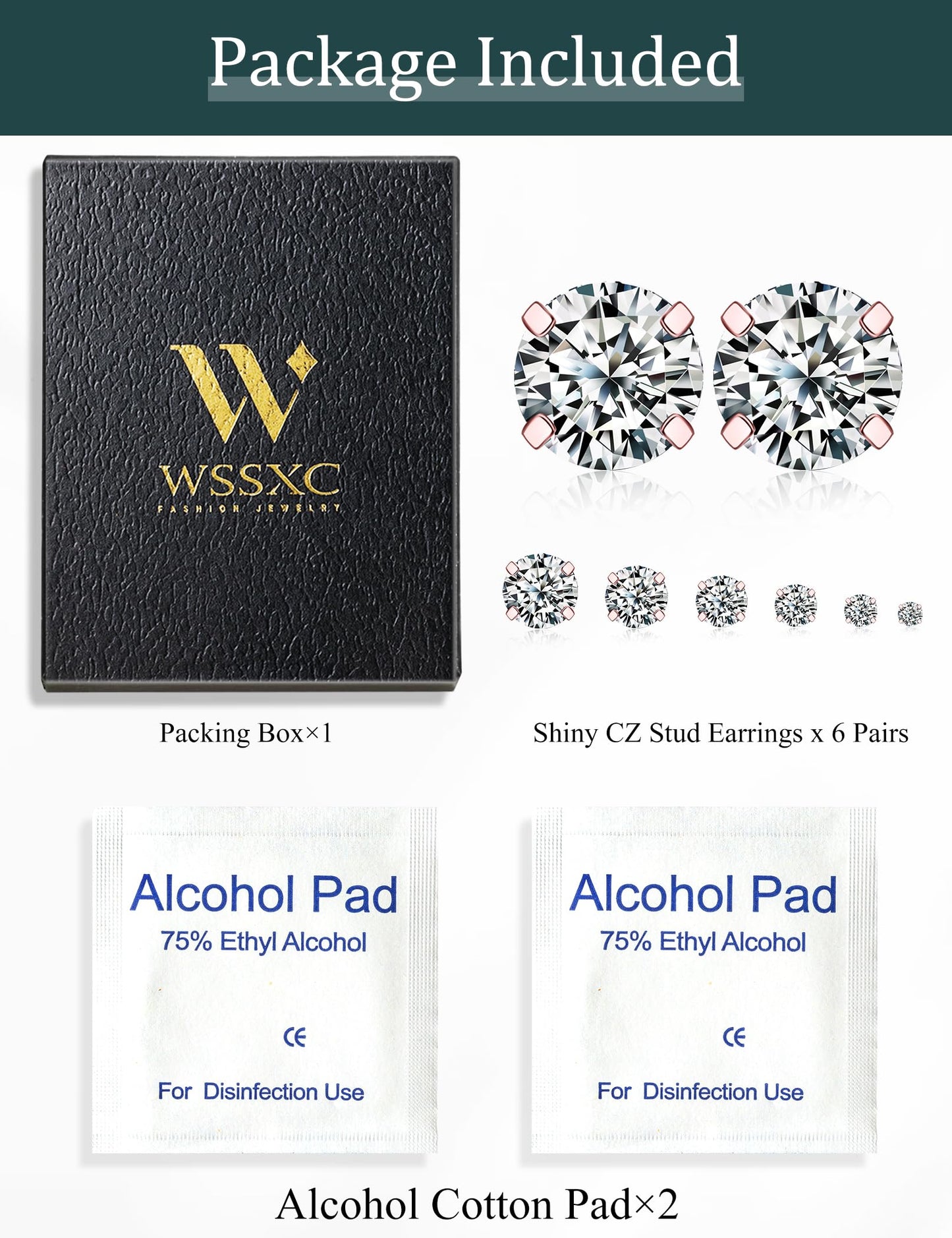 6 Pairs Stud Earrings Set, Hypoallergenic Cubic Zirconia 316L Earrings Stainless Steel CZ Earrings 3-8mm (Steel color)