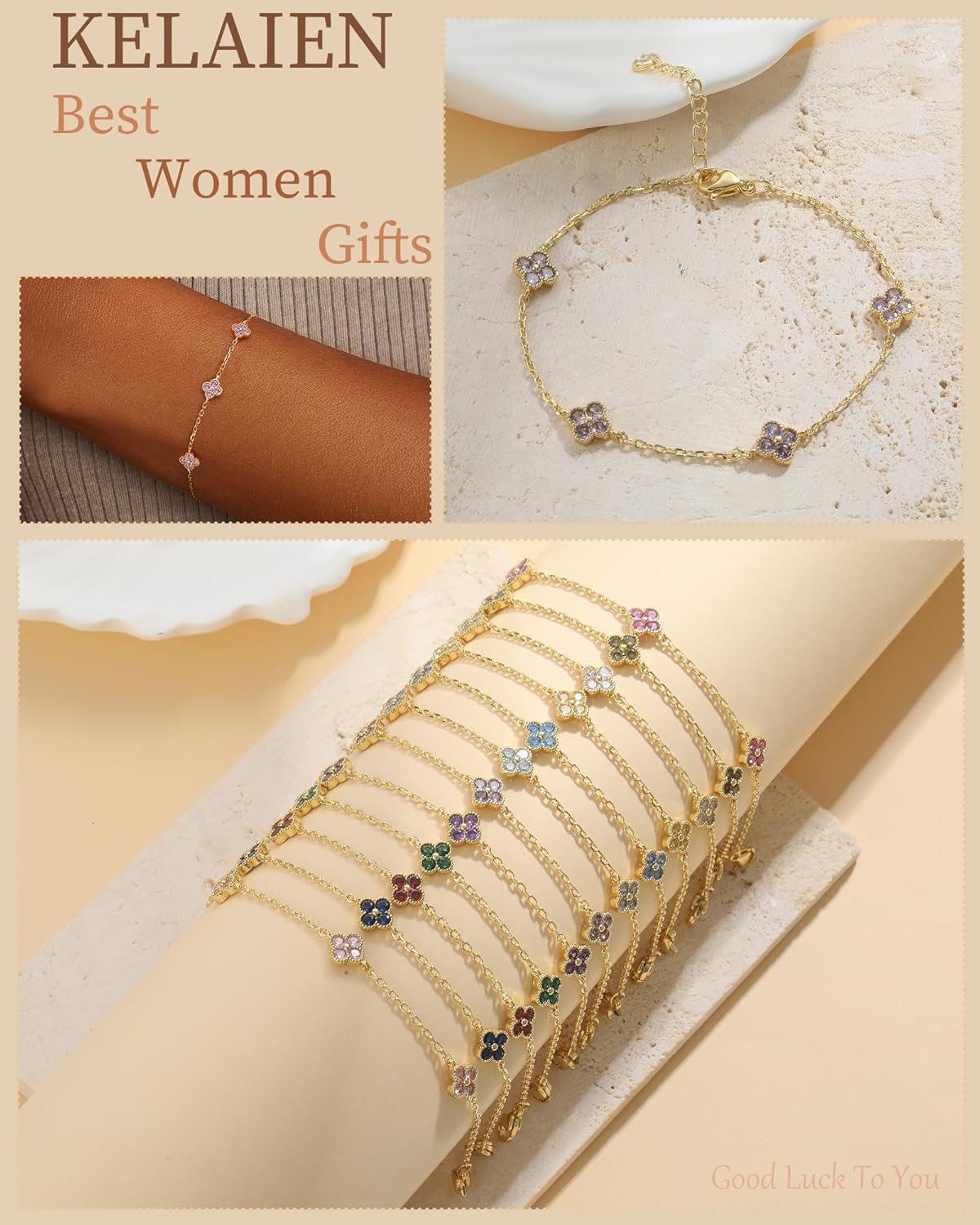 Birthstone Gold Clover Bracelet Dainty 14K Gold Plated Cute Friendship Stackable Bracelets for Women No Tarnish Trendy Charm Best Friend Bracelet Stack for Birthday Jewelry