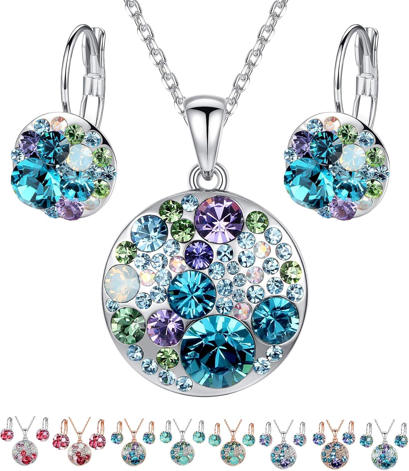 Leafael Ocean Bubble Women's Crystal Jewelry Set Costume Fashion Pendant Necklace Earring, Silver Tone or 18K Rose Gold Plated, 18" + 2", Birthday Gifts for Women