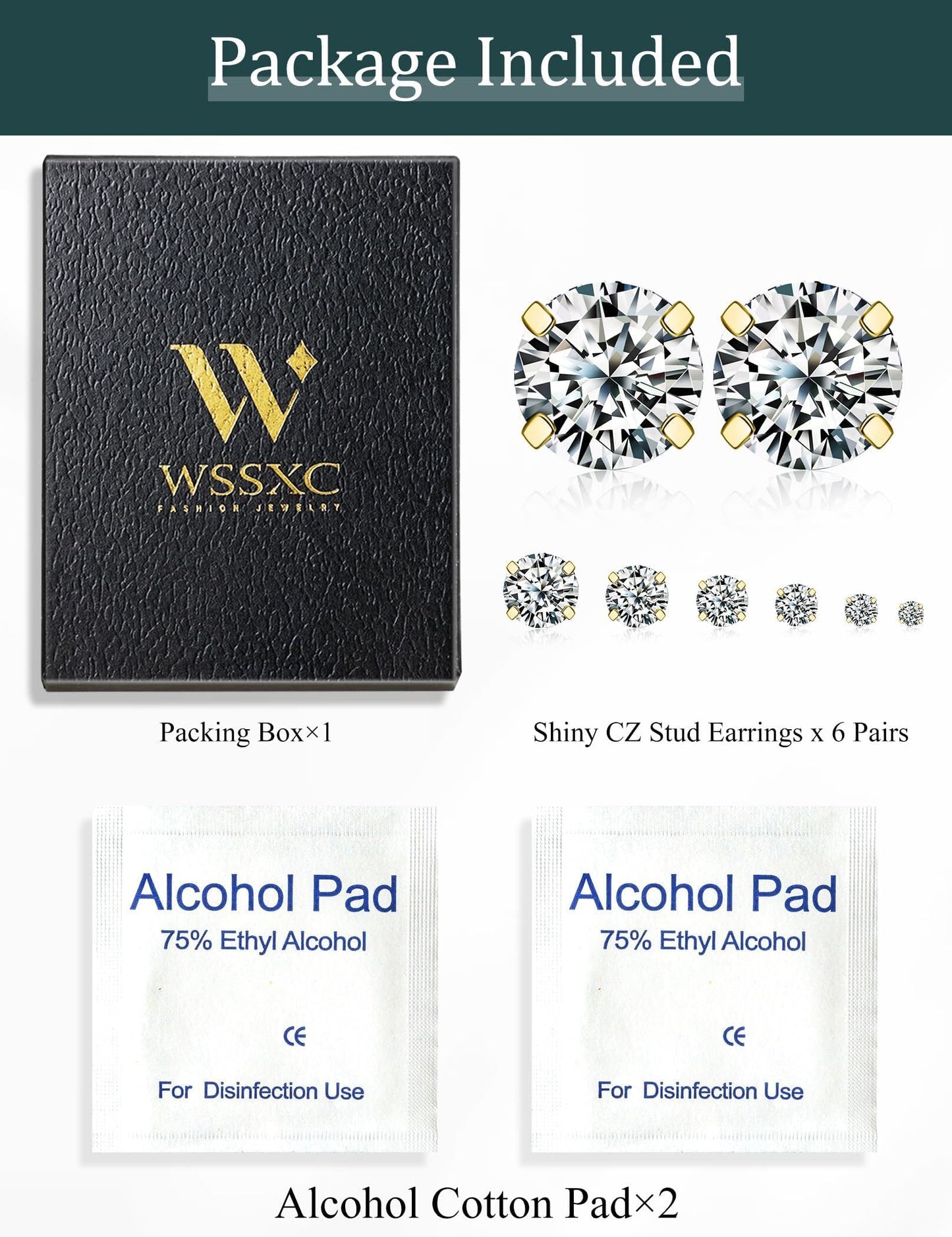 6 Pairs Stud Earrings Set, Hypoallergenic Cubic Zirconia 316L Earrings Stainless Steel CZ Earrings 3-8mm (Steel color)