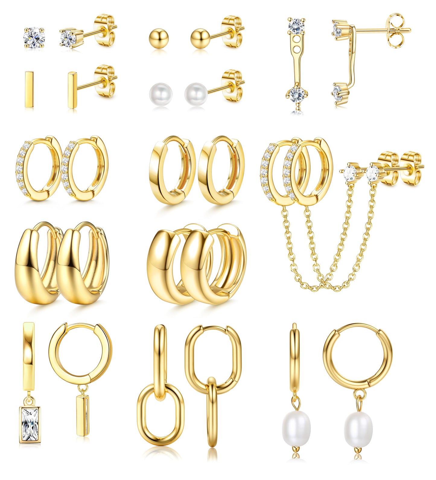BESTEEL 13 Pairs Small Stud Hoop Earrings Set for Women Hypoallergenic Gold Plated Huggie Hoops Pearl Dainty Lightweight Earrings for Gift