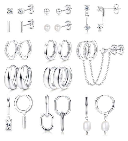 BESTEEL 13 Pairs Small Stud Hoop Earrings Set for Women Hypoallergenic Gold Plated Huggie Hoops Pearl Dainty Lightweight Earrings for Gift